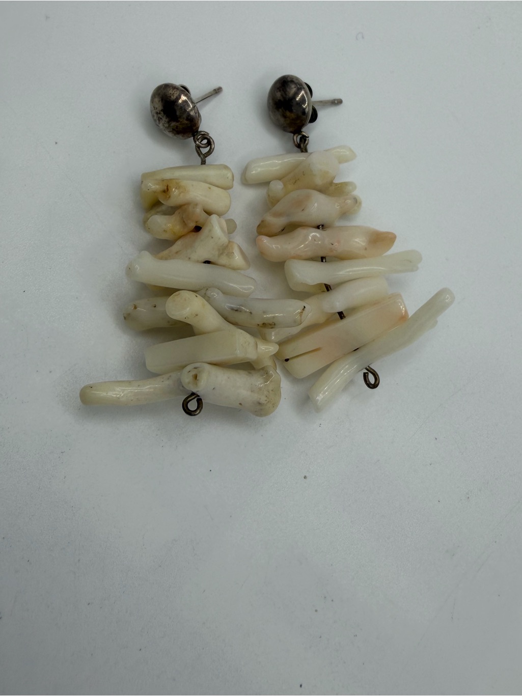 Vintage Silver Tone & Natural White Branch Coral Dangle Post Earrings